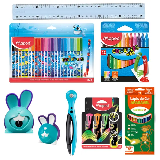 Material Escolar Infantil Meninos Completo Apontador e Borracha Croc Croc Compasso – Maped – Maped – Leo e Leo