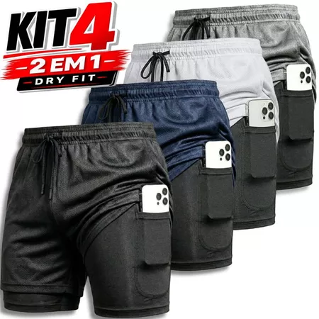 KIT 4 Shorts 2 em 1 Masculino Dry Fit Academia Corrida Fitness Compressão Bolso Celular Musculação