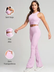 Conjunto Fitness Bailarina Academia Top Regata Legging Flare Suplex Zero Transparência Feminina