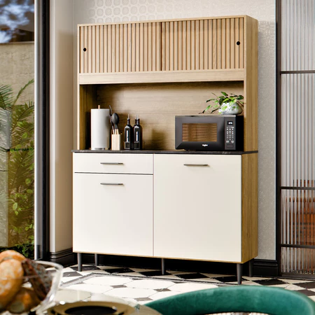 Armário de Cozinha Completo Ripado 3D Com 4 Portas e Gaveta Kit De Parede Compacto com Nicho Grazi
