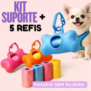 Kit Porta Refil Ossinho + 75 Saquinhos Cata Caca Higienicos Cachorro Gato