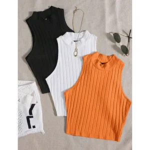 KIT 3 ou 1 Unidade Cropped Gola Alta Canelado Sem Manga Verão Praia