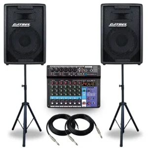 Kit 2 Caixas Som 300w Ativa Passiva Acustica Profissional + Console Mesa 8 Canais Audio Usb Midi Combo + Suportes Tripe