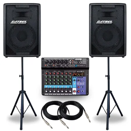 Kit 2 Caixas Som 300w Ativa Passiva Acustica Profissional + Console Mesa 8 Canais Audio Usb Midi Combo + Suportes Tripe