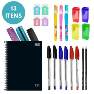 Kit Material Escolar Faculdade 13 Itens Papelaria Estudo Caderno Lápis Caneta Borracha Aluno Estojo – Kaz