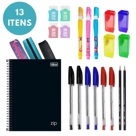 Kit Material Escolar Faculdade 13 Itens Papelaria Estudo Caderno Lápis Caneta Borracha Aluno Estojo – Kaz