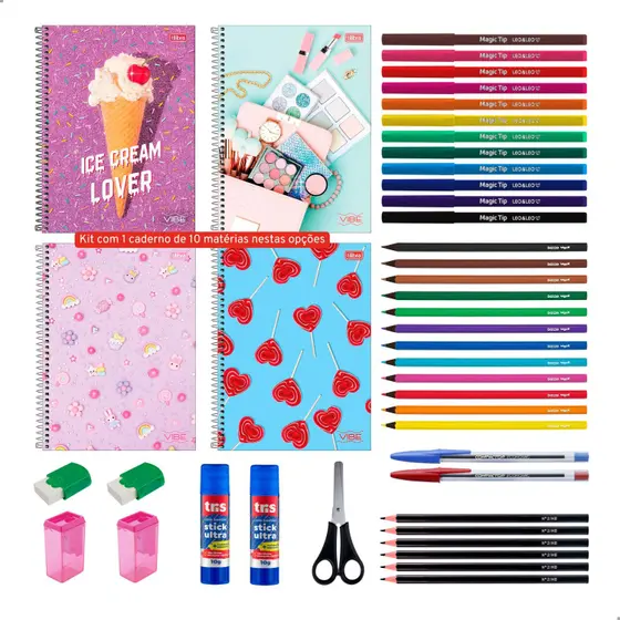 Kit Material Escolar 40 Itens Caderno Tilibra 10 Materias 160 Folhas Infantil Juvenil Ensino Medio Fundamental – Menina – Darujo