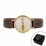 Pulseira de Couro Magnética Feminina Marrom Nossa Senhora Aparecida Fundo Madrepérola Religiosa Estilo Relógio – GRANADO ACESSÓRIOS