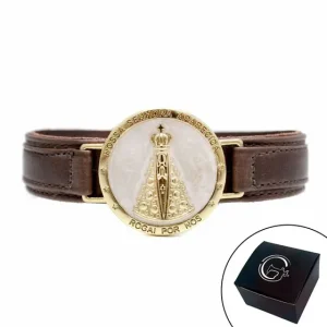Pulseira de Couro Magnética Feminina Marrom Nossa Senhora Aparecida Fundo Madrepérola Religiosa Estilo Relógio – GRANADO ACESSÓRIOS