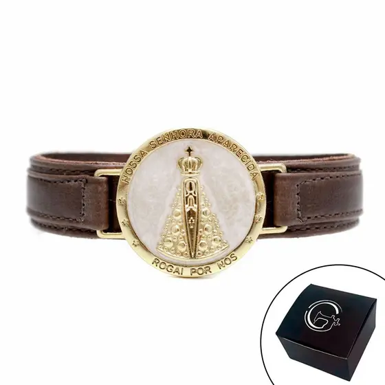 Pulseira de Couro Magnética Feminina Marrom Nossa Senhora Aparecida Fundo Madrepérola Religiosa Estilo Relógio – GRANADO ACESSÓRIOS