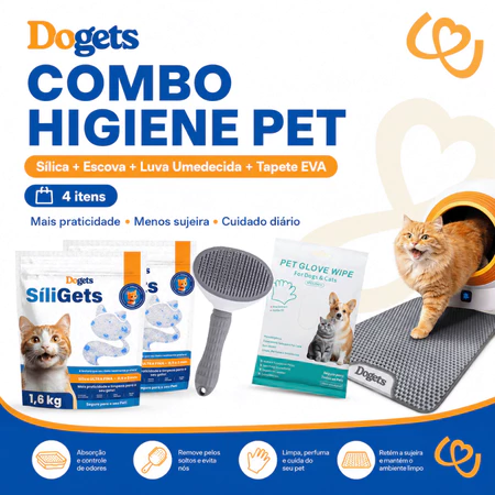 Combo Higiene Pet Dogets Para Gatos Sílica 1,6kg Tapete EVA Escova E Luva Umedecida