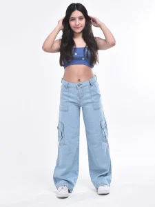 Calça Cargo Jeans Menina blogueirinha Juvenil 10 ao 16 anos com bolsos laterais premium