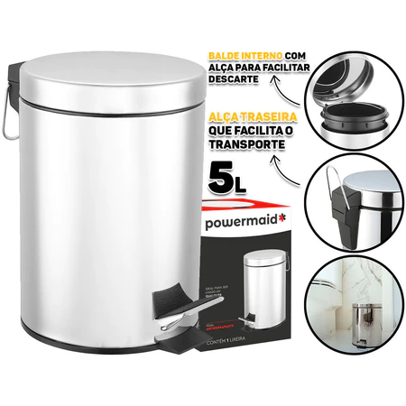 Lixo Lixeira Redonda 5 Litros Aço Inox Balde Cesto Removível Alça Pedal 