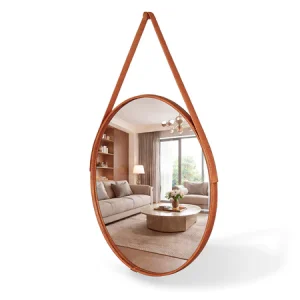 Espelho Redondo Decorativo Adnet Alça Couro Suporte 60cm 50cm 40cm 30cm Sala Quarto Banheiro Hall