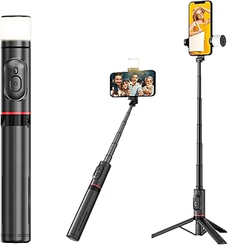 H’MASTON Bastão Pau de Selfie Tripé para Celular com iluminação Bluetooth Controle Remoto Portátil Retrátil para iOS e Android (PRETO)