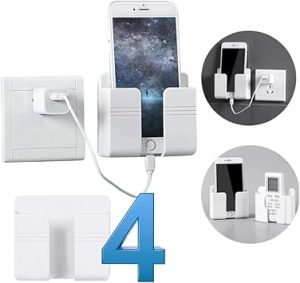 Kit 4 Suporte de Parede para Celular e Controle Remoto Prático Plástico Adesivo Sem Furadeira com Fita Dupla Face Auto Adesivo, Ideal para Tomada e Parede, Organizador de Carregamento 