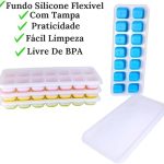 Kit 4 Unidades Forma Com Tampa Gelo Ice Flexivel Forminha Fundo Silicone 14 Cubos Alimentos Frutas Papinha