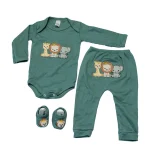 Body Bebê menino e menina Conjunto 3 peças com mijão bordado e sapatinho Safari