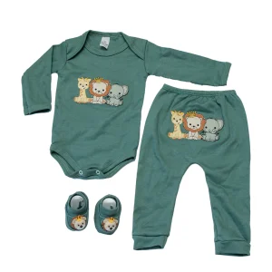 Body Bebê menino e menina Conjunto 3 peças com mijão bordado e sapatinho Safari