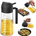 TrendPlain Pulverizador de azeite de oliva de vidro de 470 ml para cozinhar – Frasco dispensador de azeite 2 em 1 para utensílios de cozinha e acessórios de fritadeira de ar, salada, churrasco – preto