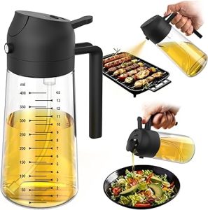 TrendPlain Pulverizador de azeite de oliva de vidro de 470 ml para cozinhar – Frasco dispensador de azeite 2 em 1 para utensílios de cozinha e acessórios de fritadeira de ar, salada, churrasco – preto