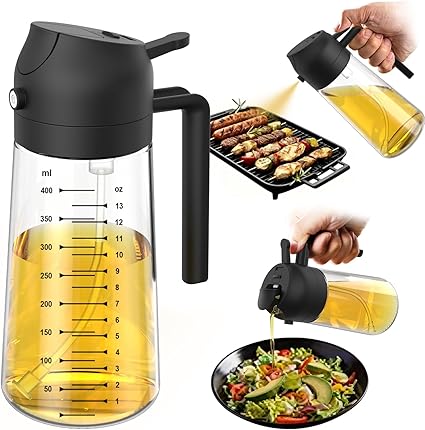 TrendPlain Pulverizador de azeite de oliva de vidro de 470 ml para cozinhar – Frasco dispensador de azeite 2 em 1 para utensílios de cozinha e acessórios de fritadeira de ar, salada, churrasco – preto