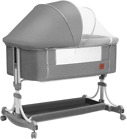 PIPDIP Berço De Balanço Para Bebês, Colchão, Mosquiteiro, Cesto de Armazenamento, Suporta até 50kg, Ergonômico, Tubo De Ferro, Fibra De Poliéster, Cinza.