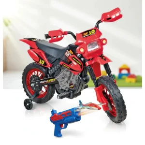 KIT DIVERSÃO MINI MOTO ELÉTRICA MOTOCROSS 6V RECARREGÁVEL + LANÇADOR ARMINHA DE AVIÃO COM 2 AVIÕES