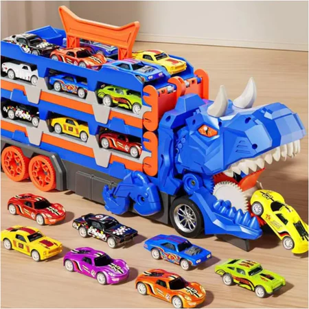 Caminhão Dinossauro 4 em 1 com pista e lancador, 6 carrinhos demetal