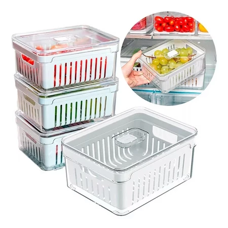 Kit 4 Organizadores Geladeira 2,2 Litros Acrílico Com Cesto para Alimentos Vegetais Cozinha