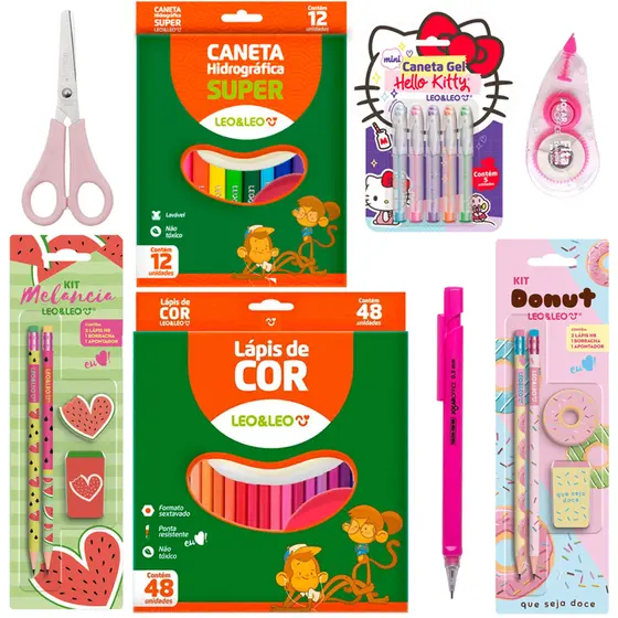 Material Escolar Meninas Canetas Hello Kitty + Canetinha + Lapis Cor 48 cores + Lapiseira – Leo e Leo