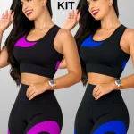 Kit 2 Conjuntos Academia Feminina – Top + Shot Cintura Alta e Modeladora