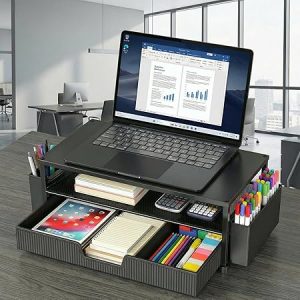 ECOLOVI Organizador de Mesa e Acessórios, Suporte para Monitor de Computador de 2 Níveis com Gaveta de Armazenamento e 2 Porta-Canetas, Suporte para Laptop e Impressora para Mesa, Organizadores