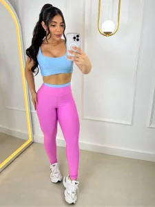 Conjunto Fitness Calça Legging e Top com Bojo Feminino Bicolor Academia Costura Reforçada Cós Alto