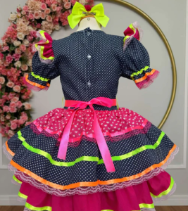 Vestido Infantil Junino Azul Colorido c/ Babado Luxo
