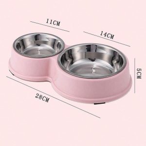 Comedouro Suporte Duplo Redondo Plástico Com 2 Pratinhos Potes Inox Para Pet Cachorro Gato
