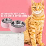 Comedouro Suporte Duplo Redondo Plástico Com 2 Pratinhos Potes Inox Para Pet Cachorro Gato
