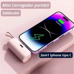Carregador Mini Power Bank 5000mAh Bateria Auxiliar Sem Fio Carregador Portátil para iPhone e Tipo-C