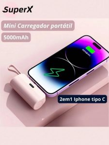 Carregador Mini Power Bank 5000mAh Bateria Auxiliar Sem Fio Carregador Portátil para iPhone e Tipo-C