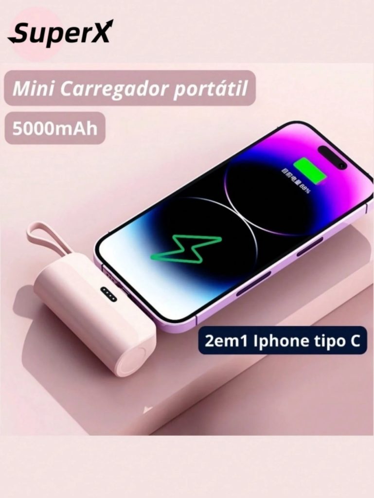 Carregador Mini Power Bank 5000mAh Bateria Auxiliar Sem Fio Carregador Portátil para iPhone e Tipo-C