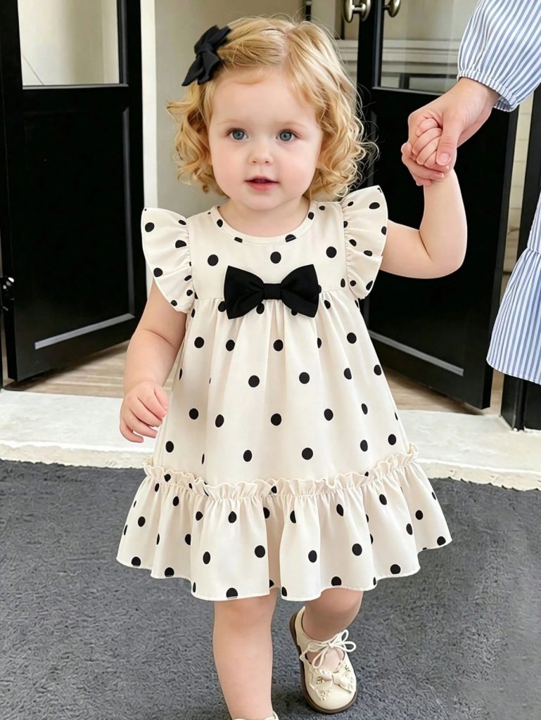 Vestido de Verão para Meninas Bebês com Poá Preto & Branco+Decoração de Laço no Peito+Mangas Flare Macio & Fofo