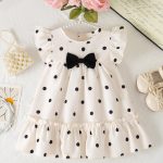 Vestido de Verão para Meninas Bebês com Poá Preto & Branco+Decoração de Laço no Peito+Mangas Flare Macio & Fofo