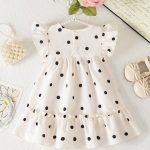 Vestido de Verão para Meninas Bebês com Poá Preto & Branco+Decoração de Laço no Peito+Mangas Flare Macio & Fofo