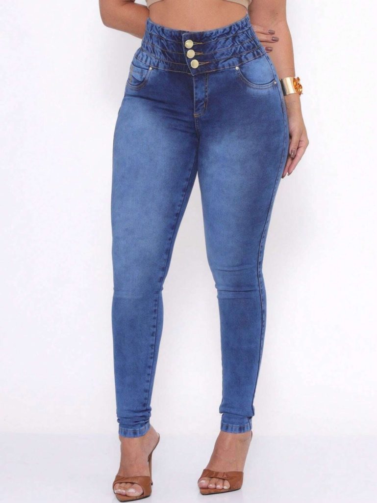 Calça Jeans Feminina Elástico No Cos Cintura Alta Com Lycra Empina Bumbum