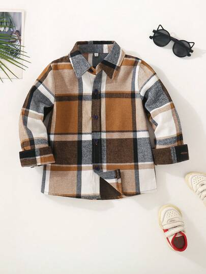 Camisa Casual de Manga Longa Xadrez para Meninos Pequenos