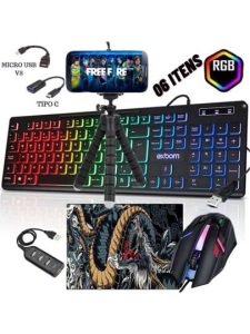 Kit Mobilador Completo Gamer P/ Jogar Free Fire Teclado e Mouse Led Rgb Com Fio Usb P/ Celular Menor Preco