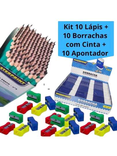 Kit 10 lápis de escrever preto + 10 borrachas brancas com capa + 10 apontadores escolar volta as aulas lista barata