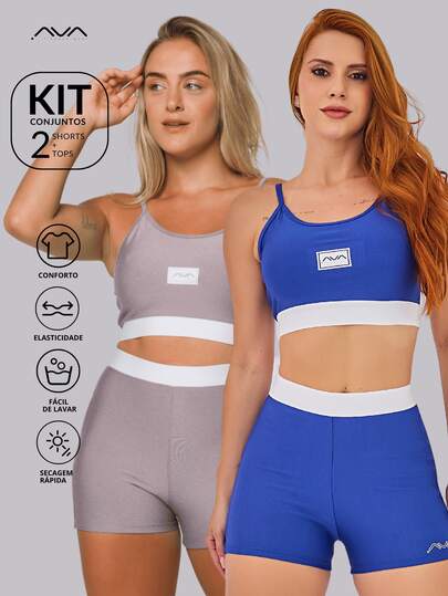 Kit 2 Conjuntos Feminino Academia Suplex Poliamida Top e Short Com Elástico No Cós AVA Fitness
