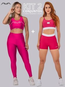 Kit 2 Conjuntos Academia Suplex Poliamida Top+Short c/ Elástico e Top+Legging Originals AVA Fitness