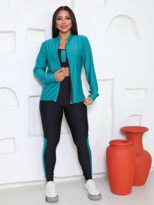 Kit Fitness Jaqueta Bomber + Top + Calça em Dry Fit